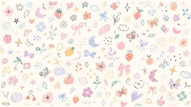 Cute handdrawn doodle pattern with flowers, hearts, bows, stars, and fruits