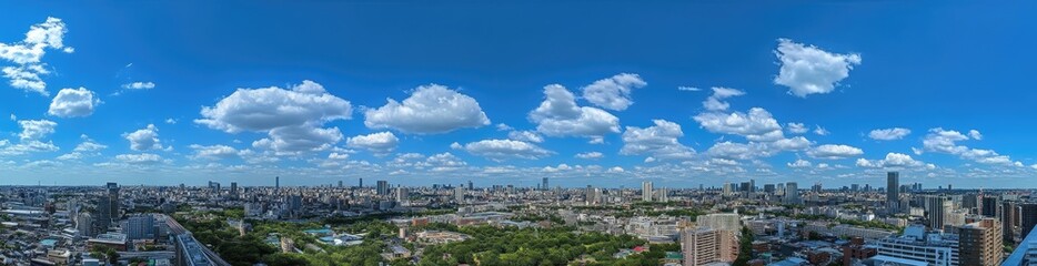 Fototapeta premium Panoramic view of a cityscape under a bright blue sky with fluffy white clouds. The city features numerous buildings and a large green park in the center