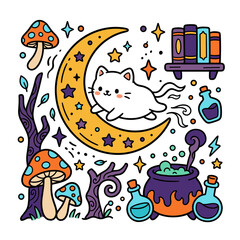 Fototapeta premium White cat jumping over crescent moon with magical alchemy items