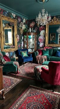 Ornate vintage interior design featuring detailed wallpaper, antique furniture, and rich decorative elements for elegant home decor shots, luxury setting ideas