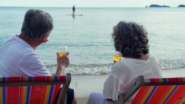 Senior couple relaxing together on beach chairs and enjoying wine by the sea, representing retirement, leisure, companionship, travel, and relaxed coastal living.
