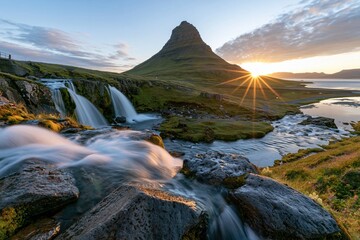 Obraz premium The Kirkjufell Mountain at Sunset with Cascading Waterfalls and Golden Light