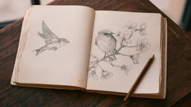 The Sketchbook Opened to Bird and Blossom Drawing on Wooden Table