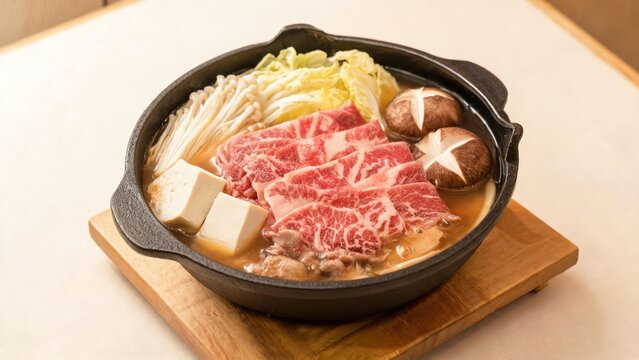 Delicious Japanese Sukiyaki hot pot with beef and fresh vegetables in iron nabe pot