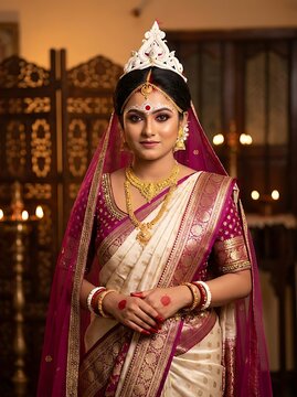 Beautiful bengali bride in traditional white and red saree and gold jewelry