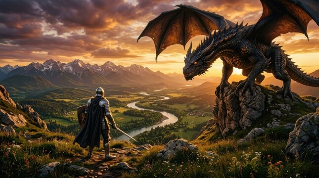 Brave knight standing before a giant dragon in a fantasy landscape at sunset.