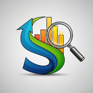 Colorful S letter with magnifying glass and bar chart illustration.