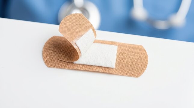 Adhesive Bandage Placed On A White Medical Examination Table With A Doctor Stethoscope In The Background Indicating Professional Healthcare Treatment
