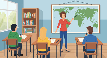 Fototapeta premium Teacher instructing students in a classroom setting.