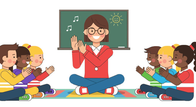 Teacher leading children in classroom music activity.
