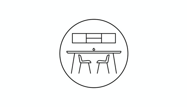Dining room concept icon shows a table with two chairs and cabinets enclosed in a simple circular line frame.