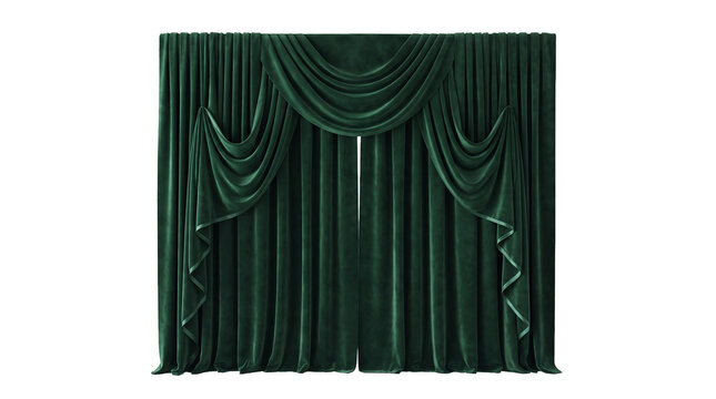 Elegant dark green velvet curtains with draped swags and silver trim
