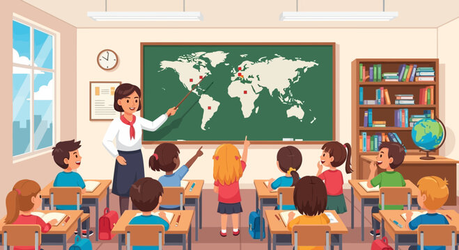 Teacher pointing at world map in classroom with students 3.
