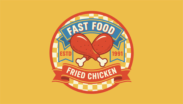 Retro style fast food logo for a fried chicken restaurant featuring two crossed drumsticks inside a circular badge with established date.