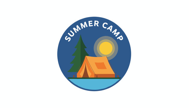 Outdoor summer camp badge illustration with an orange tent pine tree and bright sun in a circular blue emblem design.