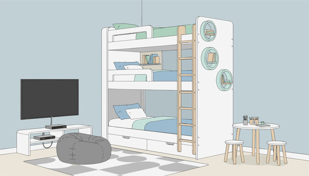 Modern kids room interior featuring a white triple bunk bed desk area and bean bag chair in a spacious light blue layout.