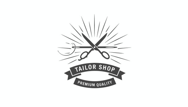 Vintage Tailor Shop logo featuring crossed scissors and a needle with thread on a radiant light background for sewing and craft brand.