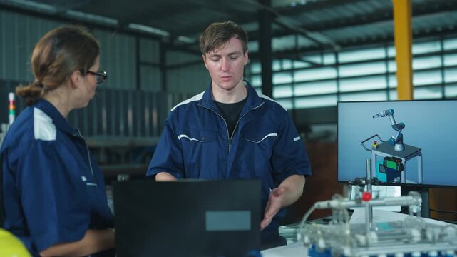 Corporate executives and engineers reviewing project plans on a projector. Strategic business meeting in a modern mechanical facility.