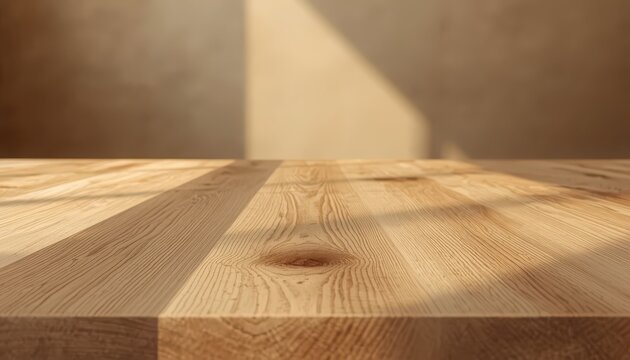 Empty Wooden Table Top with Soft Sunlight Shadows Background for Product Placement Mockup Minimalist Interior Display