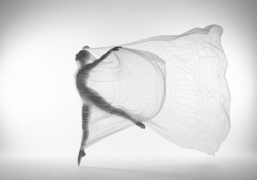 Artistic Black and White Silhouette of a Graceful Dancer Wrapped in Flowing Translucent Fabric Against a White Background