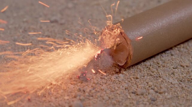 A closeup of a cartridge on sand about to explode