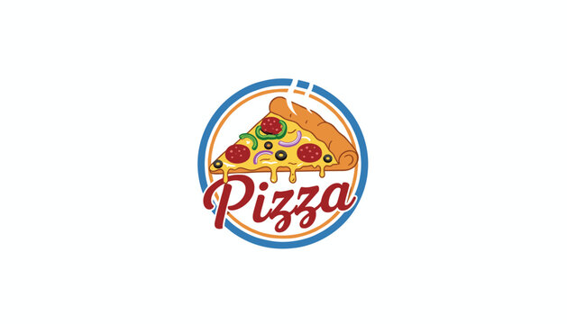 Delicious pepperoni pizza slice logo inside a blue and red circular frame with fresh toppings and steaming heat lines vector illustration.
