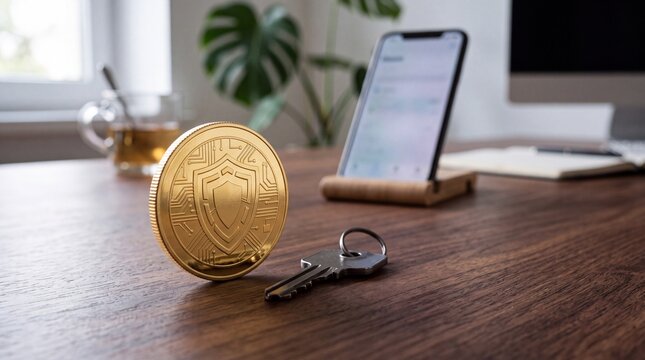 Gold Cryptocurrency Coin with Key and Smartphone for Digital Asset Security