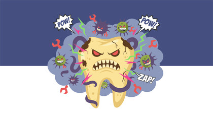 Fototapeta premium Anxious decayed tooth character is surrounded by purple germs and green bacteria with comic book style action words like pow and zap.