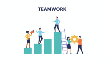 Fototapeta premium Teamwork concept shows a group of diverse professionals helping each other climb a bar graph and working together with a gear.
