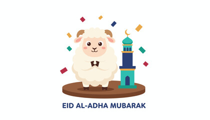 Fototapeta premium Eid Al-Adha Mubarak greeting features a cute fluffy white sheep standing next to a colorful turquoise and blue minaret with confetti.