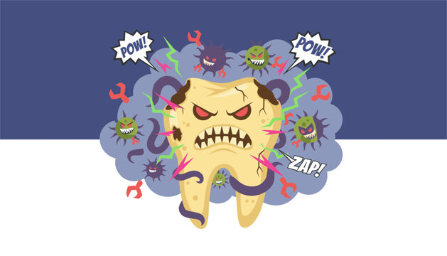 Anxious decayed tooth character is surrounded by purple germs and green bacteria with comic book style action words like pow and zap.