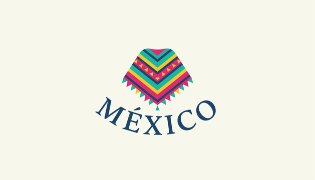 Mexico tourism logo features the country name in blue serif font below a colorful geometric illustration of a traditional poncho.
