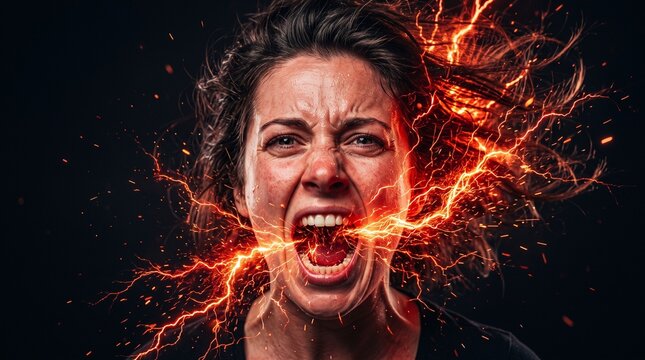 Young woman screaming with fiery energy and dramatic electric sparks on dark background