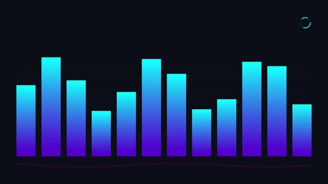 Digital audio equalizer bars with a vibrant blue and purple gradient on a dark background, representing sound waves or music visualization.