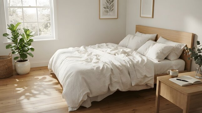 Minimalist bedroom with unmade white bed, natural light, wooden furniture, and indoor plant