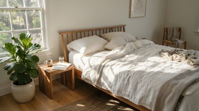 Minimalist bedroom with unmade white bed, natural light, wooden furniture, and indoor plant