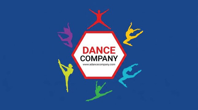 Colorful illustration of dancers surrounding a dance company logo on a blue background
