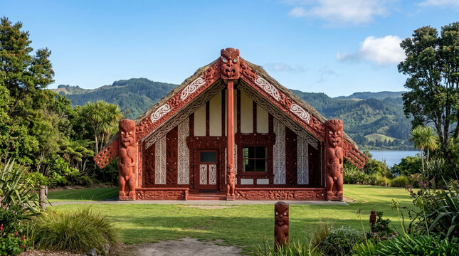 Maori Marae: Traditional Meeting House with Intricate Carvings and Natural Landscape