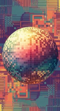 Colorful Pixelated Sphere in Digital Grid Background.