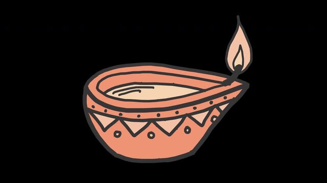 Diwali clay diya oil lamp flame traditional hindu deepam 4K Hand Drawn Animation with alpha transparent background