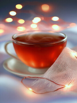 Rote Teetasse steht auf Gaze vor pastellfarbenem Lichterhintergrund