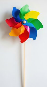 Colorful paper pinwheel on wooden stick against white wall.