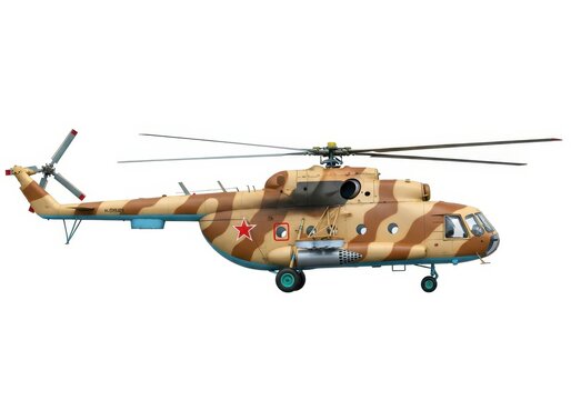 Military Transport Helicopter Mil Mi-8 Hip with Camouflage Pattern and Rocket Pods Isolated on White Background