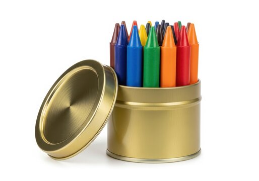 Set of Colorful Wax Crayons in a Gold Metal Tin Container Isolated on White Background for Art and Education