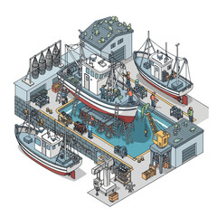 Detailed cross section illustration of a fishing vessel. © LafifahFitriyani