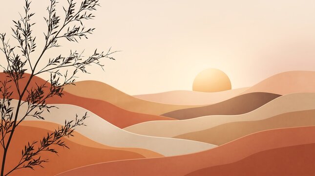 Minimalist boho landscape background featuring layered abstract sand dunes and a glowing sun with delicate willow tree branch silhouette in sunset colors