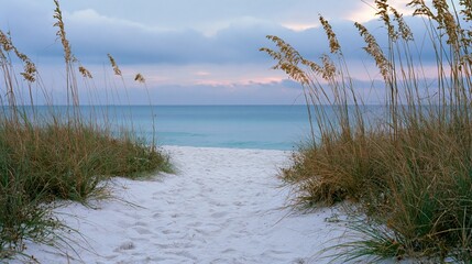 Obraz premium The Beach Path to the Tranquil Ocean Through Dune Grass