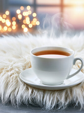 Wei&szlig;e Teetasse mit Untertasse steht auf flauschiger Felldecke im Licht