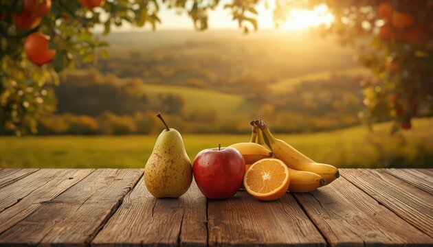 Fresh organic fruits on wooden table in sunset orchard landscape background for healthy food marketing and website.
