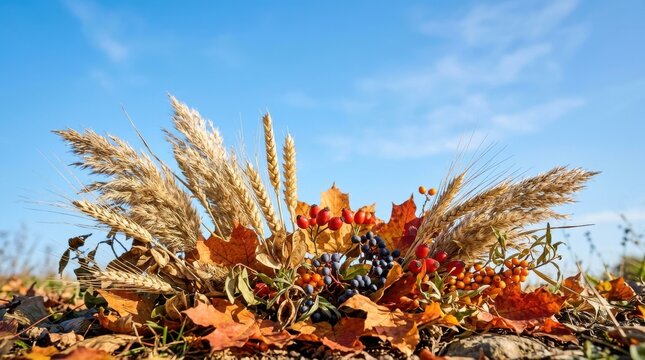 Autumn Harvest Arrangement Featuring Golden Wheat Stalks Red Maple Leaves and Ripe Berries Against a Clear Blue Sky Symbolizing Thanksgiving